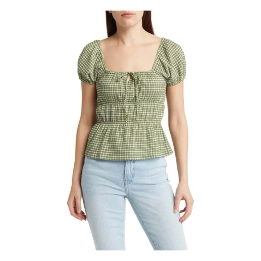 Madewell Omaha Tiered Puff Sleeve Blouse - Green Plaid
